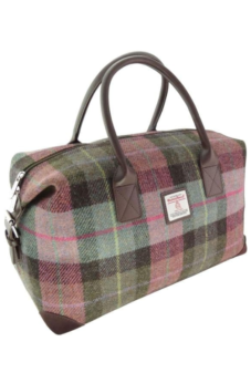 Harris Tweed Authentic Luxury Overnight Bag in Muted Green & Purple Tartan
